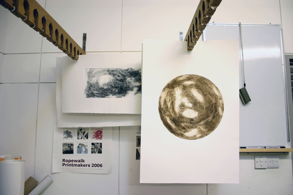 Round image: print hanging in studio at The Ropewalk, Barton upon Humber