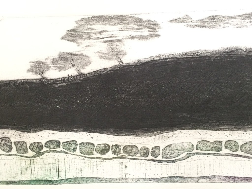 Plate of horizontal landscape made by scratching the mount board surface, peeling away and various carborundum/glue combinations