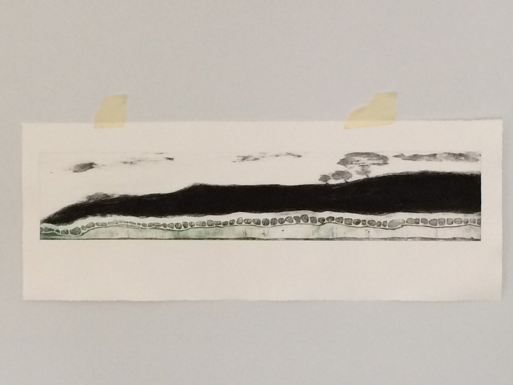 Plate of horizontal landscape made by scratching the mount board surface, peeling away and various carborundum/glue combinations