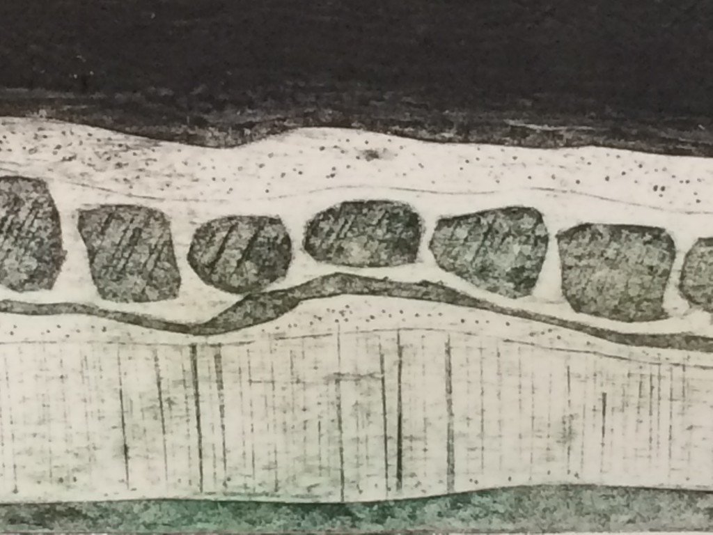 Plate of horizontal landscape made by scratching the mount board surface, peeling away and various carborundum/glue combinations (closeup)