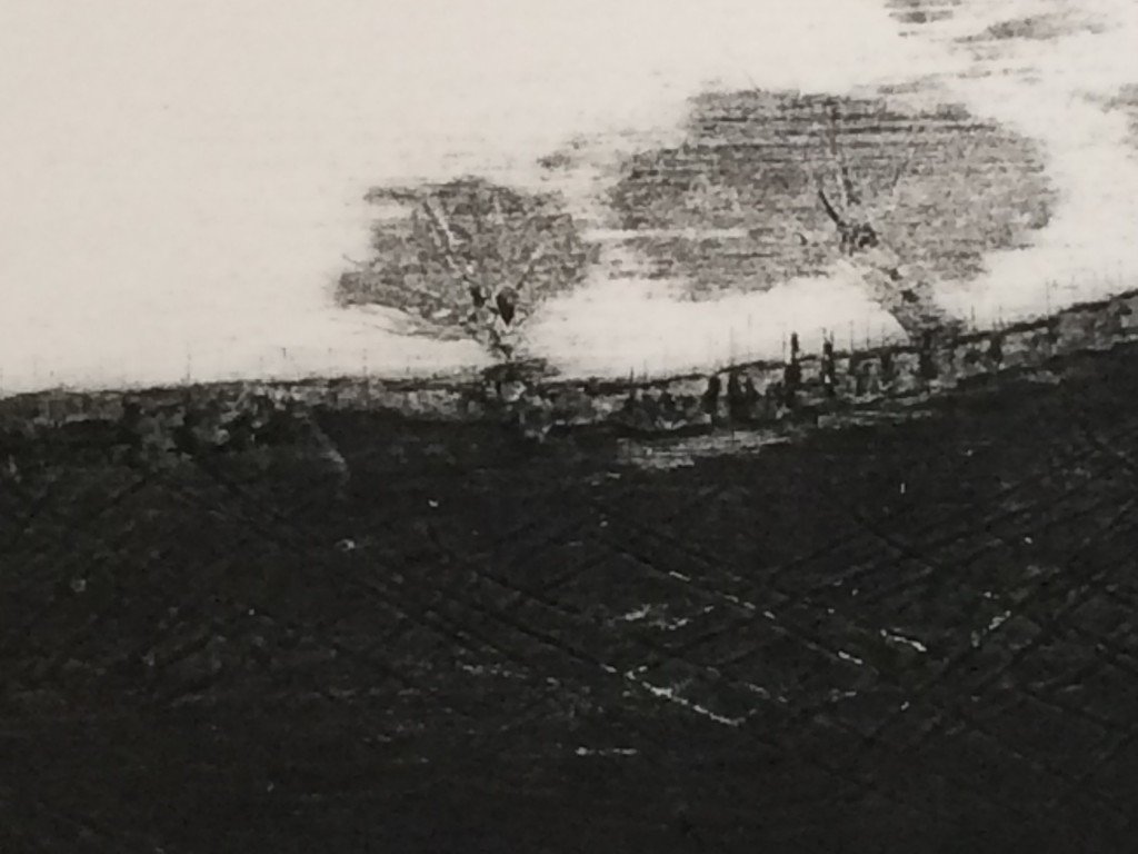 Plate of horizontal landscape made by scratching the mount board surface, peeling away and various carborundum/glue combinations (closeup)