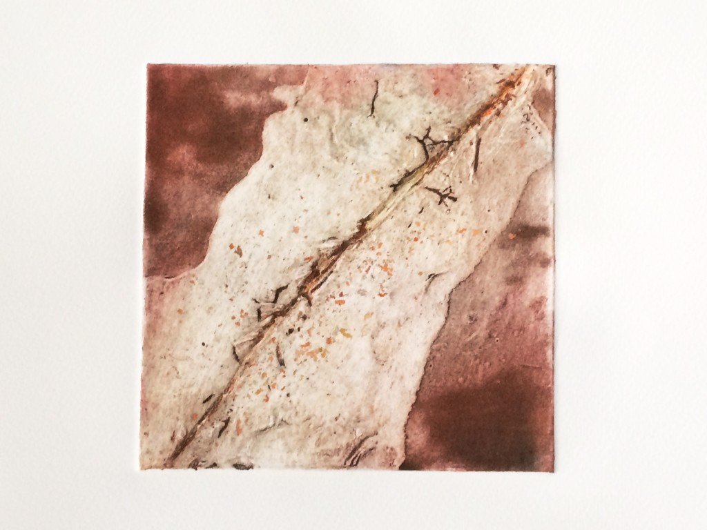 Print Stories: '6x6' print from poured varnish plate – red oxides/gold