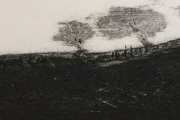 Plate of horizontal landscape made by scratching the mount board surface, peeling away and various carborundum/glue combinations (closeup)